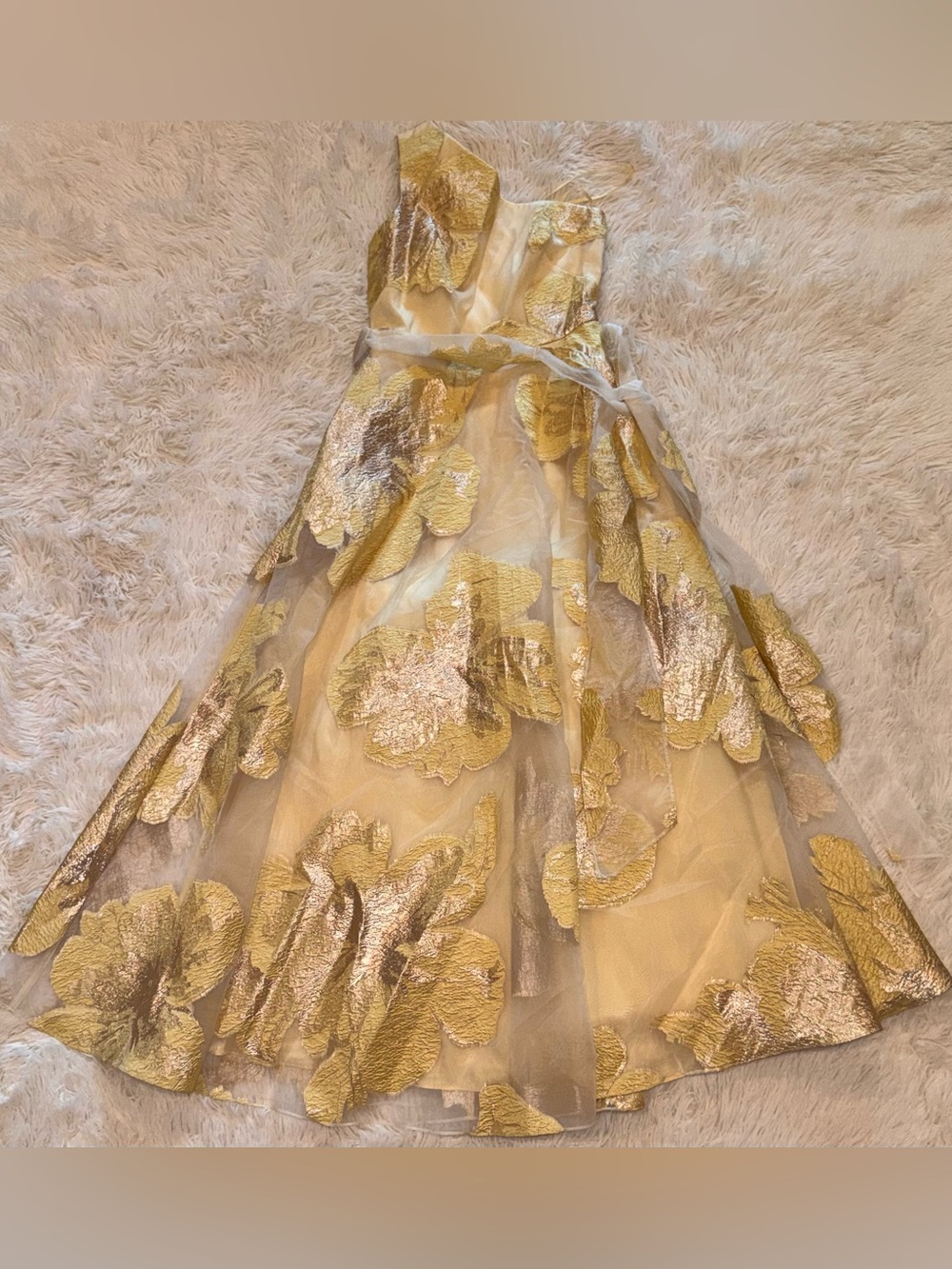 NEW ELIZA J One-Shoulder yellow Brocade belted Ballgown sz 4 - Picture 5 of 10